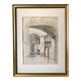 Original Antique European Drawing Architectural Arches and Waterway 19th Century For Sale