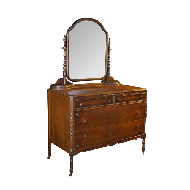 Victorian Antique Knox-Hutchins Burled Walnut 4 Drawer Dresser With Mirror & Jewelry Boxes For Sale - Image 3 of 18