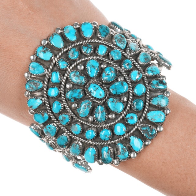 Native American 6.5" 60's-70's large Native American Sterling turquoise cluster cuff bracelet For Sale - Image 3 of 11