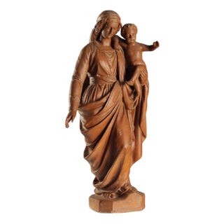 Modern Sculpture of Virgin Mary with Child in Terracotta For Sale