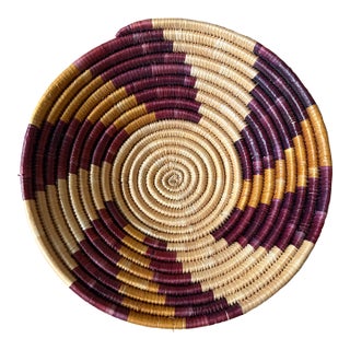 African Coiled Straw Basket, 10.5 In. Diameter, Burgundy, Mustard and Natural For Sale