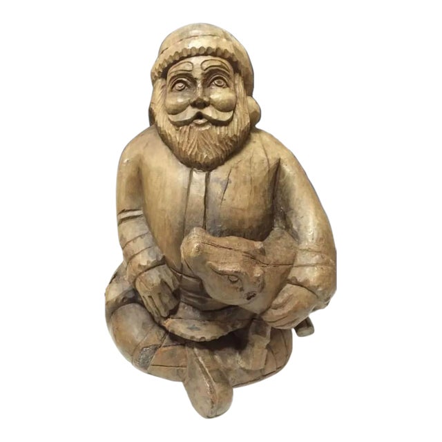 Vintage Large Hand Carved Wooden Santa Claus Holding Deer Sculpture For Sale