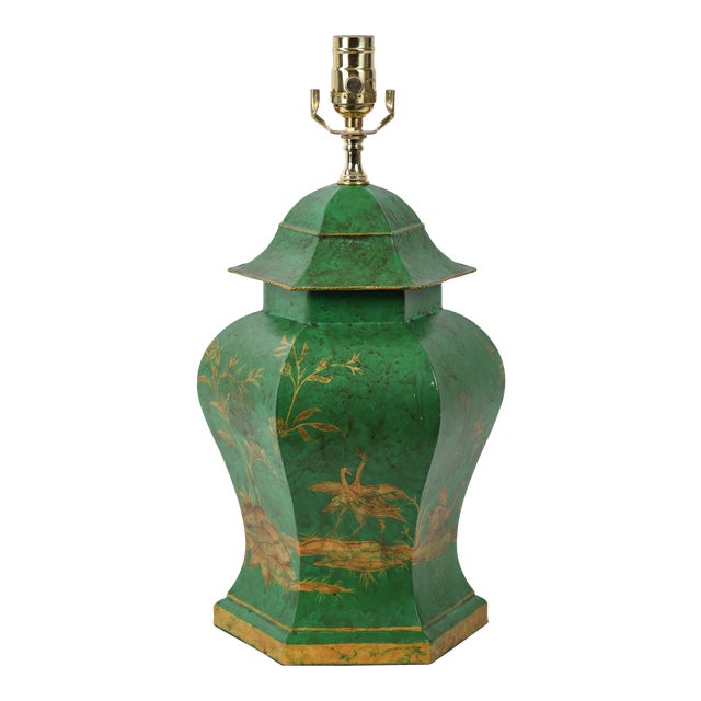 Vintage Chinoiserie HandPainted Green Tole Temple Jar Table Lamp With