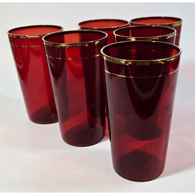 Hollywood Regency Gold Rimmed Ruby Tumblers - Set of 6 | Chairish