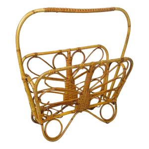 Mid-Century Modern Italian Magazine Rack in Woven Rattan with Handle, 1960s