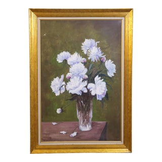 Late 20th Century Bouquet of Purple Peony Flowers in a Glass Vase Still Life Oil Painting on Canvas 41" For Sale