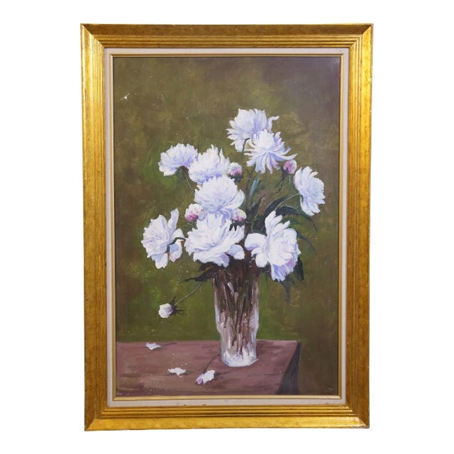 Late 20th Century Bouquet of Purple Peony Flowers in a Glass Vase Still Life Oil Painting on Canvas 41" For Sale