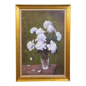 Late 20th Century Bouquet of Purple Peony Flowers in a Glass Vase Still Life Oil Painting on Canvas 41"
