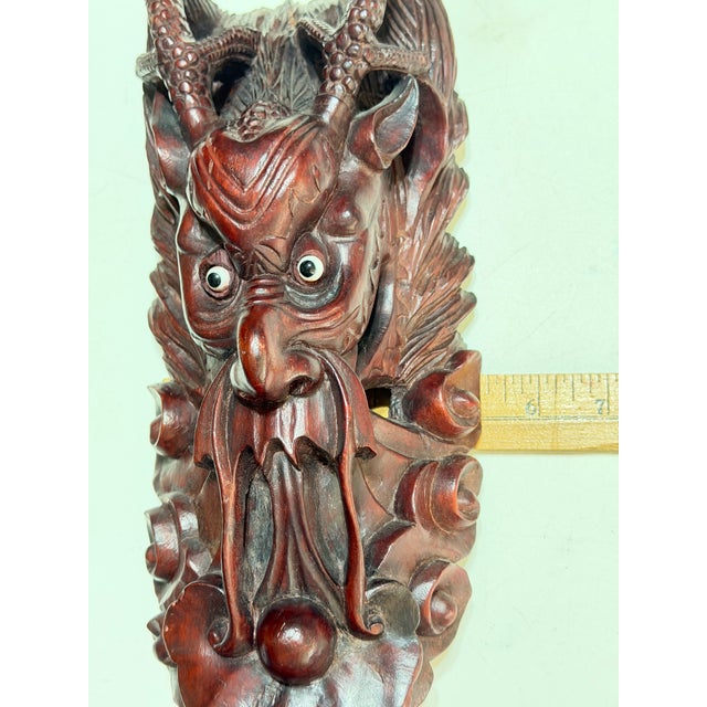 Mid 20th Century Vintage Indonesian Hand-Carved Horned Guardian Wall Mask With Inset Eyes For Sale - Image 5 of 12