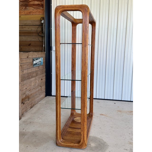 Wood Monumental Vintage Pencil Rattan Waterfall Étagère With Glass Shelves For Sale - Image 7 of 12