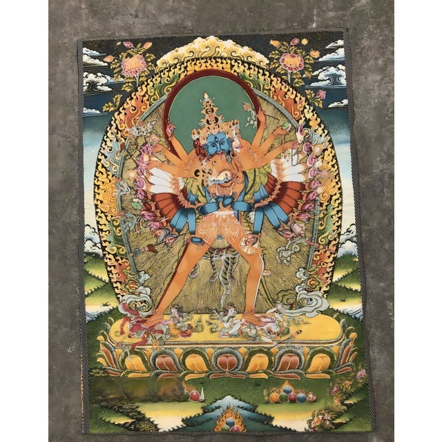 Mid 20th Century Xizang Embroidery and Brocade Thangka Buddha Painting - Wrathful Deity Protector Wall Art - Hand Painted Buddhist Sacred Scroll Mid 20th Century For Sale - Image 5 of 6