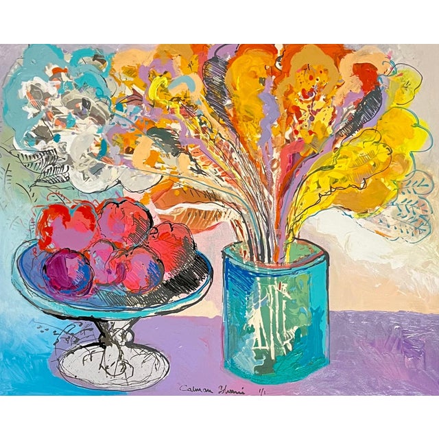 Calman Shemi, Unique Modernist Israeli Still Life Monoprint Painting Calman Shemi Vase Flowers, c. 20th century For Sale