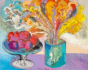 Calman Shemi, Unique Modernist Israeli Still Life Monoprint Painting Calman Shemi Vase Flowers, c. 20th century