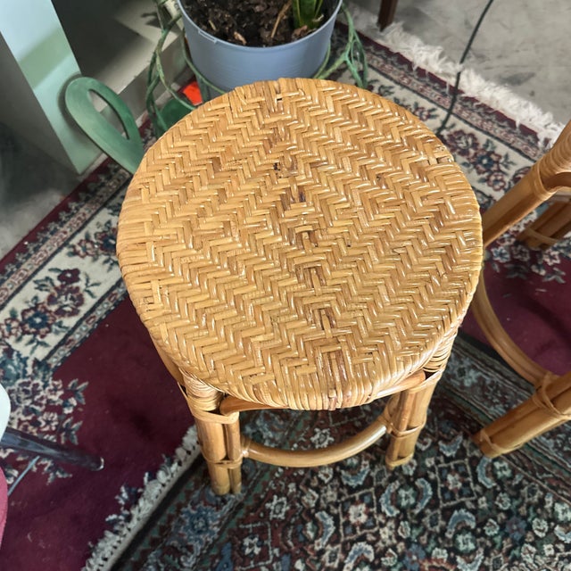 1970s Pair of Boho Woven Wicker Counter Stools For Sale - Image 4 of 7