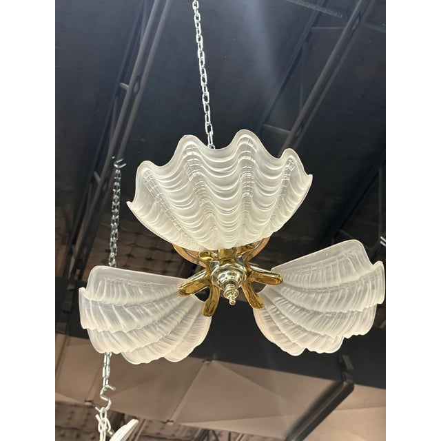 Transparent Vintage Murano Glass Ceiling Flush Mount Chandelier 3 Light Scalloped Clam Shell For Sale - Image 8 of 11