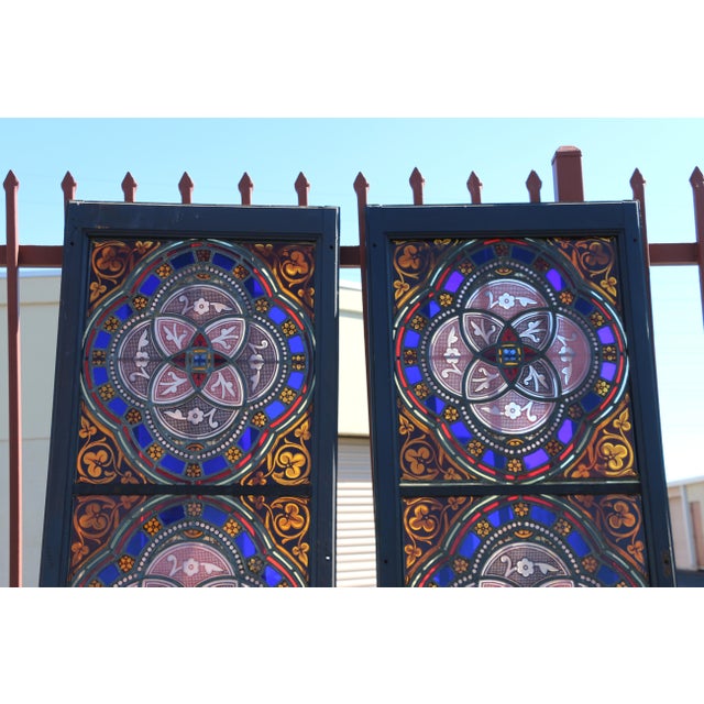 Antique Victorian Gothic Hand-Painted Stained Glass Windows in Wood Frames, Circa 1900 – Pair For Sale - Image 11 of 18