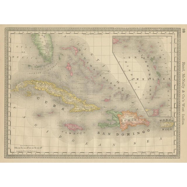 Title: Antique Caribbean Map Wall Art – Cuba Jamaica Hispaniola, Rand McNally : This finely colored antique atlas map...