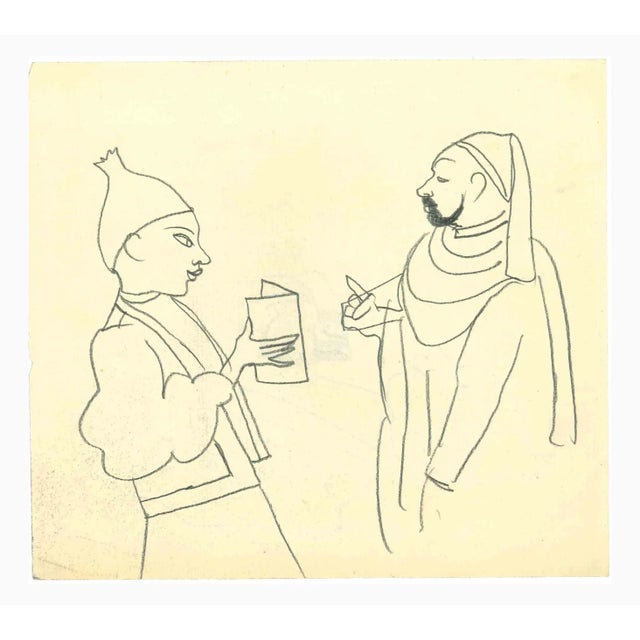 Figures is a pencil Drawing realized by Mino Maccari (1924-1989) in the Mid-20th Century. Good conditions. Mino Maccari...