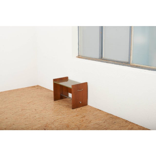 Brown Side Table in Veneered Plywood with Sand-Cast Glass Top, Metal Tube and Handles by Jacques Adnet, 1930s For Sale - Image 8 of 10