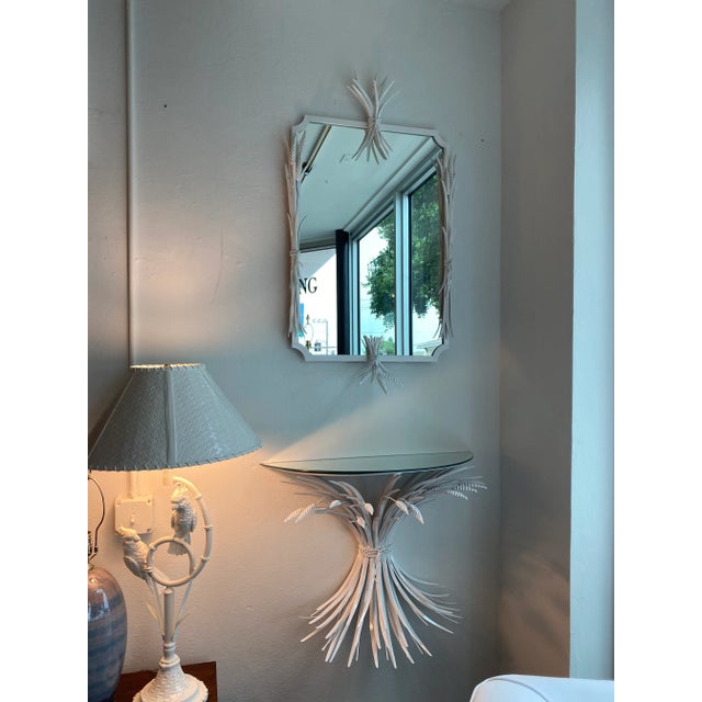 Vintage White Metal Tole Leaf Leaves Wall Mirror & Demi Lune Wall Console Table For Sale - Image 4 of 13