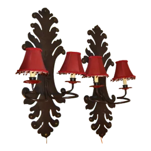Spanish Gothic Revival Forged & Hammered Iron 2 Light Sconces - a Pair