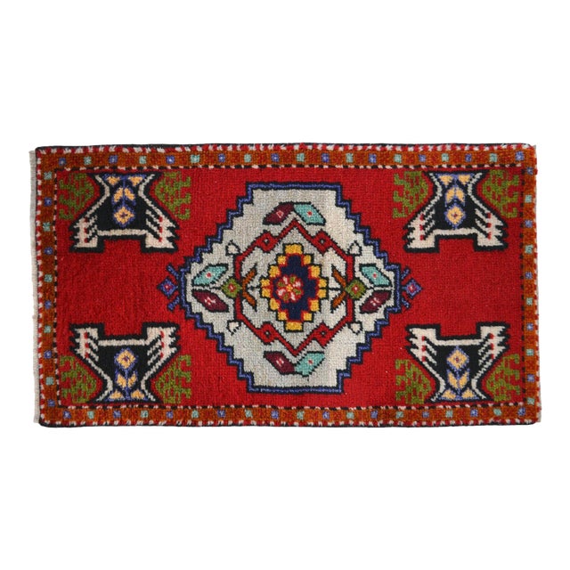 1970s Hand Knotted Small Turkish Rug Entry Kitchen Decor Door Mat Yastik Rug - 20" X 36" For Sale