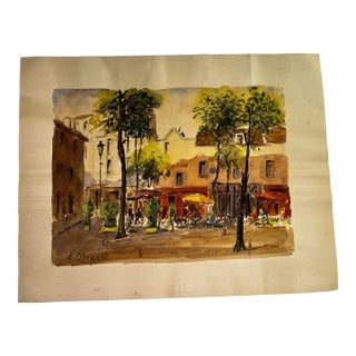 Vintage Place Du Tertre Paris Watercolor Painting For Sale