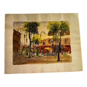 Vintage Place Du Tertre Paris Watercolor Painting