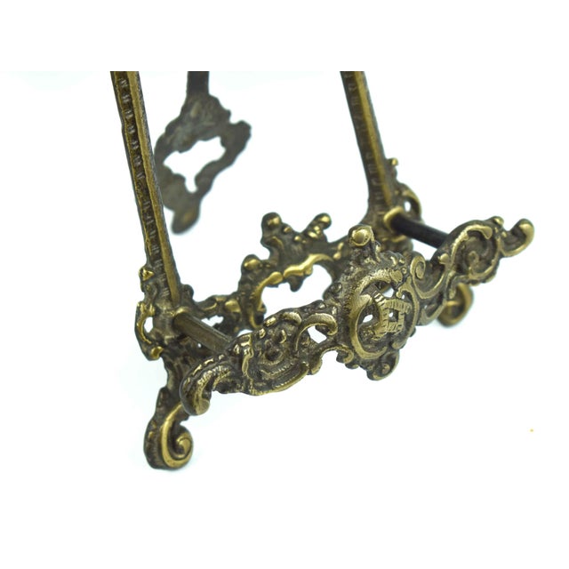 Chinoiserie Hand Painted Delft Blue Windmill Tile on Ornate Rococo Style Brass Easel Display Stand - 2 Pieces For Sale - Image 3 of 4