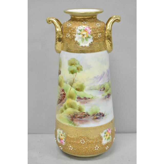 Antique Nippon Hand Painted Lake Scene Art Nouveau Twin Handle Porcelain Vase For Sale - Image 15 of 15