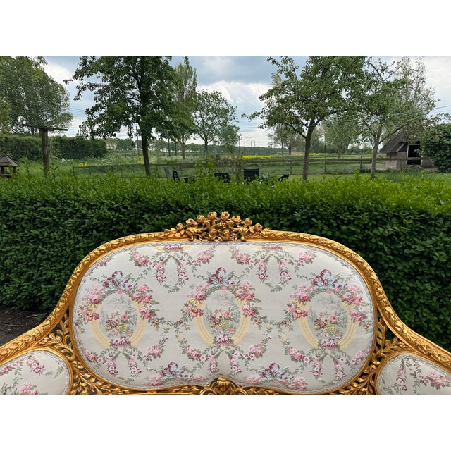 1970s 1970 French Louis XVI Gold Beech Damask Sofa Set - 3 PCS For Sale - Image 5 of 18