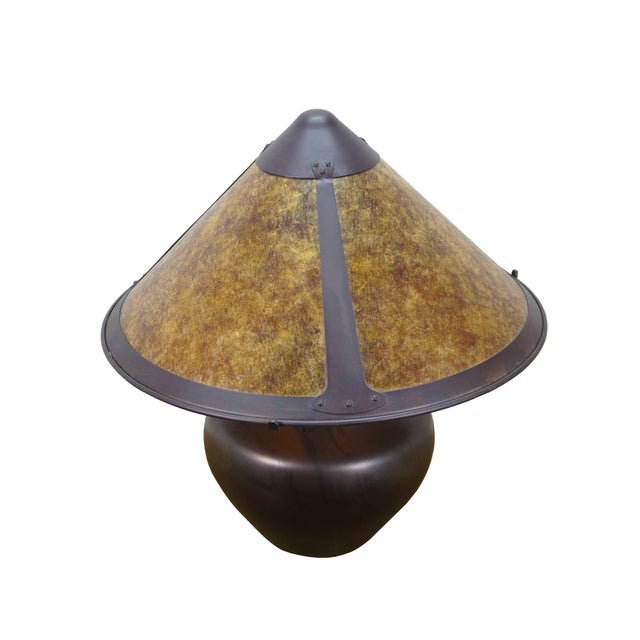 Circa 1997 vase shaped three light coppersmith Arts and Crafts / mission style table lamp by Hannes Schachtner. Made of...