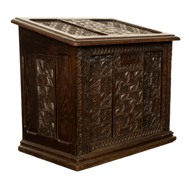 Antique French Medieval Gothic Carved Oak Chest Coffer 17th Century Panels 1679 For Sale - Image 10 of 16