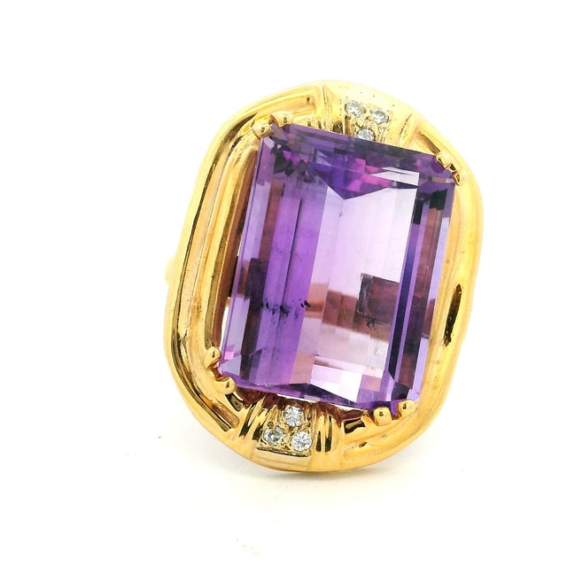 Amethyst Italian 14k Gold Emerald-Cut Amethyst & Diamond Cocktail Ring, Circa 1980, Size 7.25 For Sale - Image 8 of 14