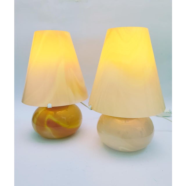 Pair of table lamps, lampshades beige and pink murano glass vintage design, circa 1980s no markings or stickers both base...