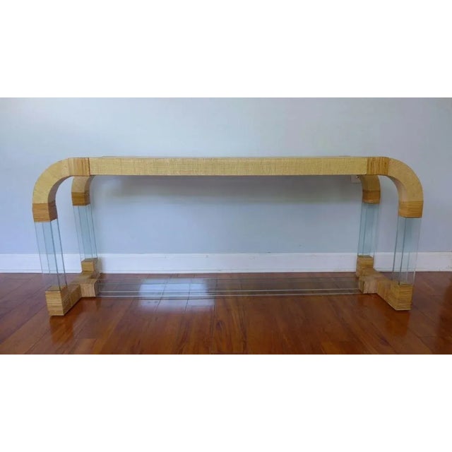 Late 20th Century Grasscloth and Glass Waterfall Console Table Curved Rattan For Sale - Image 5 of 9