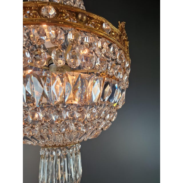 Putti Face Empire Chandelier Crystal Gold Basket Antique Brass Classic For Sale - Image 6 of 11