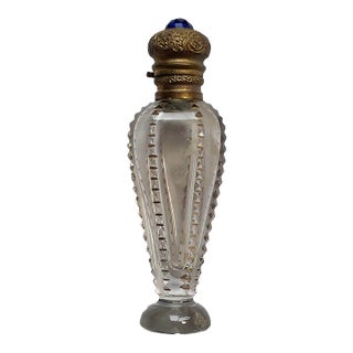 1800s Crystal, Repousse Brass, and Blue Rhinestone Perfume Bottle - For Sale