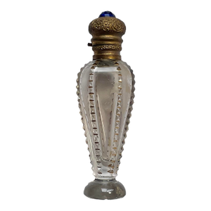 1800s Crystal, Repousse Brass, and Blue Rhinestone Perfume Bottle