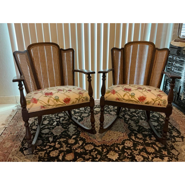 French Country Pair of Vintage Cane‑Back Floral Rocking Armchairs For Sale - Image 3 of 12