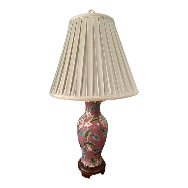 1970’s Heyward House Chinoiserie Peony Vase Lamp With Pleated Silk Shade For Sale