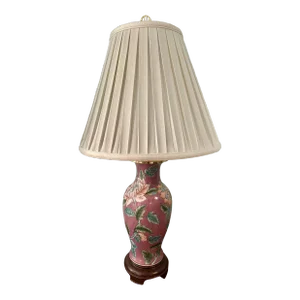 1970’s Heyward House Chinoiserie Peony Vase Lamp With Pleated Silk Shade