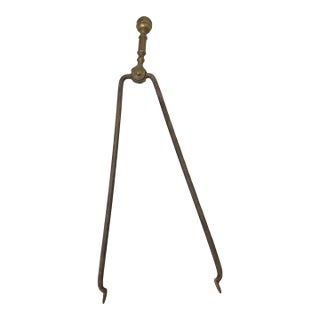 Antique 18th Century Wrought Iron Turned Brass English Fireplace Tongs Tool 22 For Sale