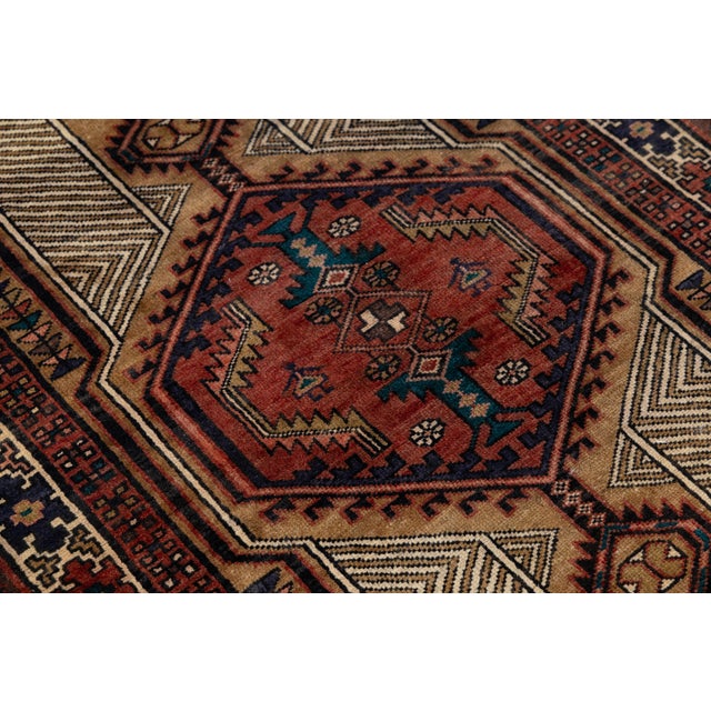 Gemstone Vintage Hand-Knotted Kurdish Long Runner Rug With Diamond Medallions in Terracotta, Camel, and Indigo For Sale - Image 7 of 9