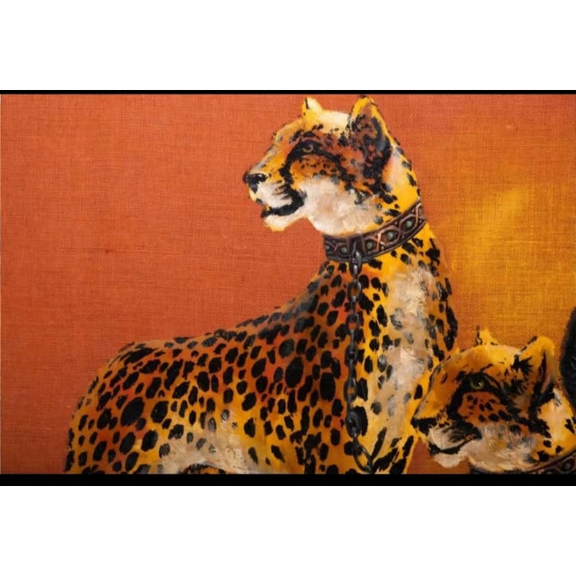 1970s Hollywood Regency Cheetahs and Roman Helmet Oil on Burlap, Signed Wyman For Sale - Image 4 of 9