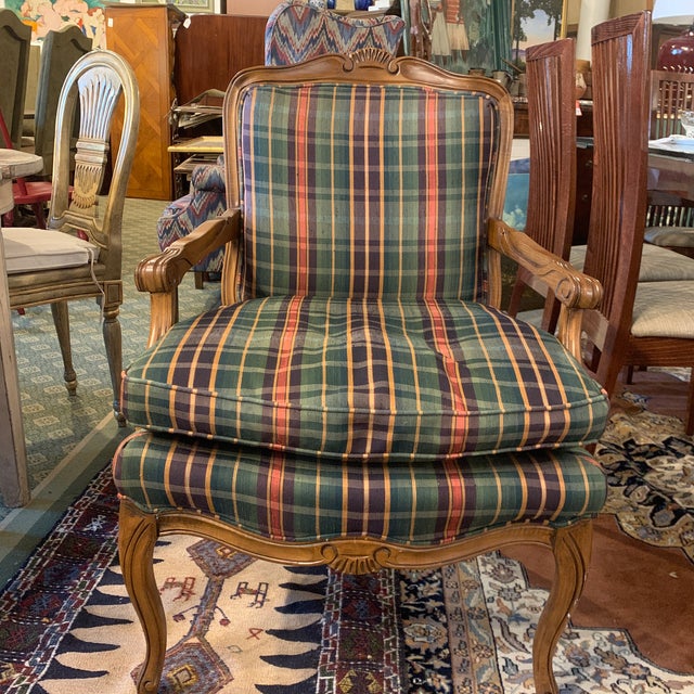 Vintage French Green Plaid Upholstered Armchair Chairish