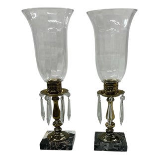 Vintage Marble Base Hurricane Globe Brass Candleholders Mantle Dining Table - A Pair For Sale