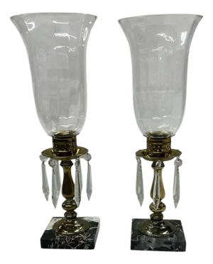 Vintage Marble Base Hurricane Globe Brass Candleholders Mantle Dining Table - A Pair