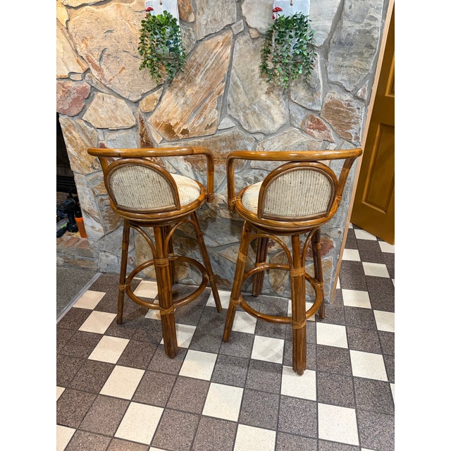 Brown Set of 4 Vintage Boho Coastal Rattan Swivel Bar Stools For Sale - Image 8 of 10