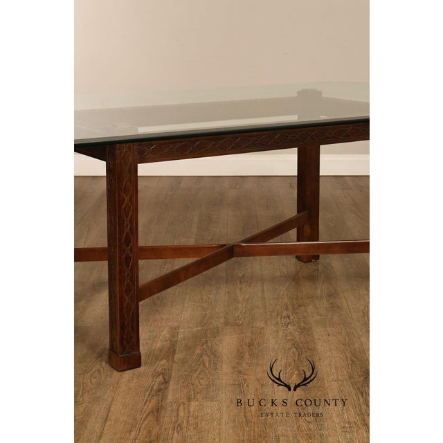 Chinese Chippendale Style Glass Top Mahogany Dining Table For Sale - Image 18 of 18